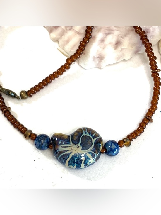 Girl with Kaleidoscope Eyes Jewelry - Coastal Ceramic Nautilus Beaded Necklace